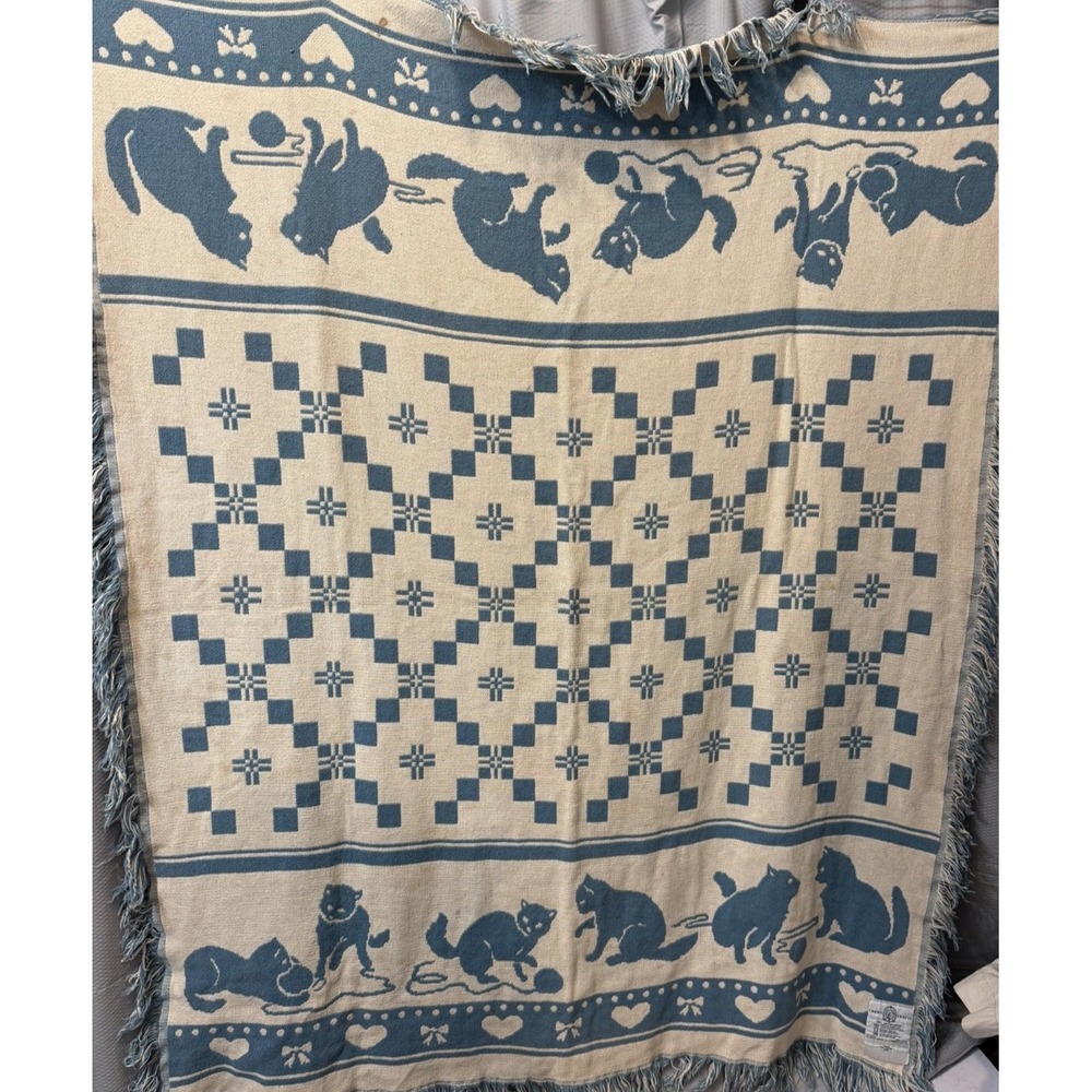 Vintage Crown Crafts Cat Woven Tapestry Throw Blanket Blue White Cottagecore USA